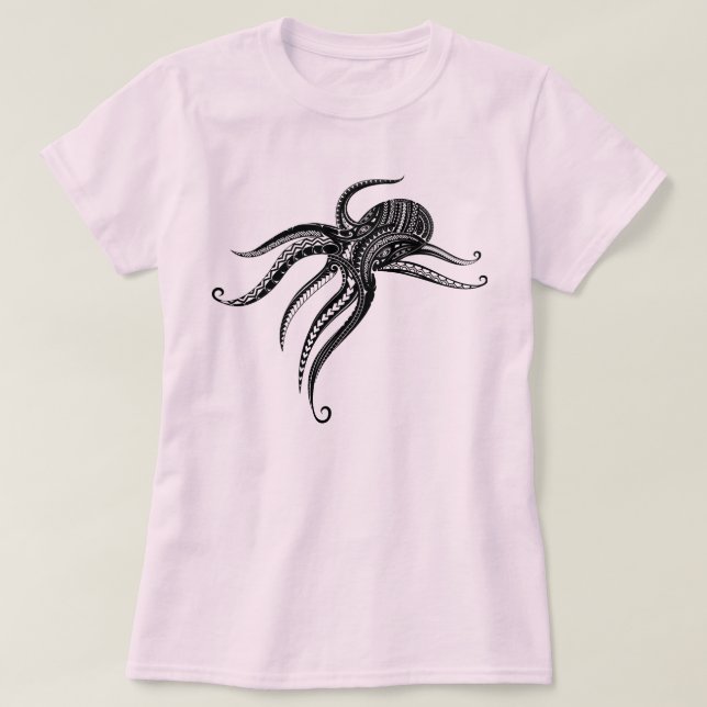 OCTOPUS POLYNESIAN TRIBAL Blk T Shirt (Design framsida)
