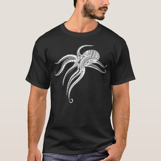 OCTOPUS POLYNESIAN TRIBAL Wht T Shirt (Framsida)