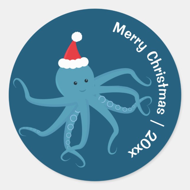 Octopus Santa God jul Runt Klistermärke (Framsida)