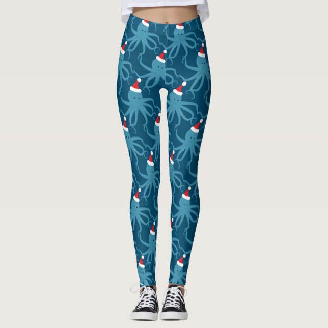 Octopus Santa Hat Blue jul Leggings (Framsida)