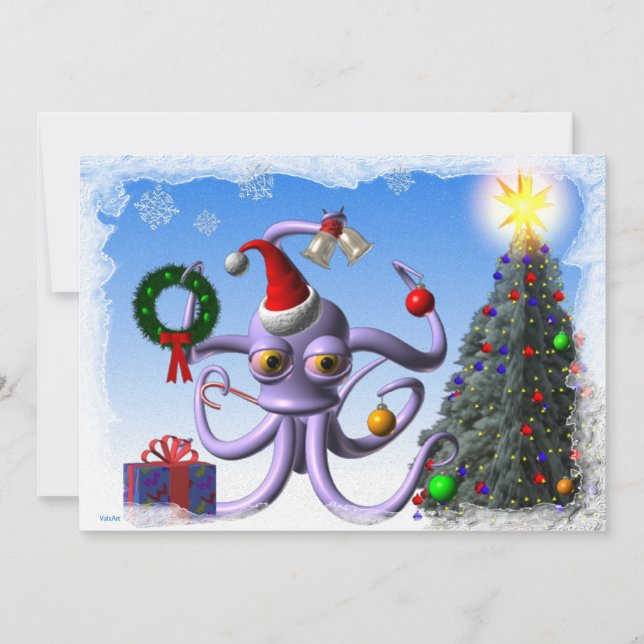 Octopus Santa och träd med ljus Julkort (Framsida)