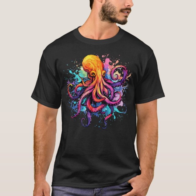 Octopus Sea Animal Lover Colorful Stänk Art T Shirt (Framsida)