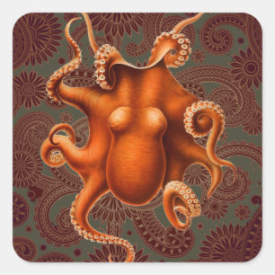 Octopus Sea Monster Creature Cephalapod Vintage Fyrkantigt Klistermärke