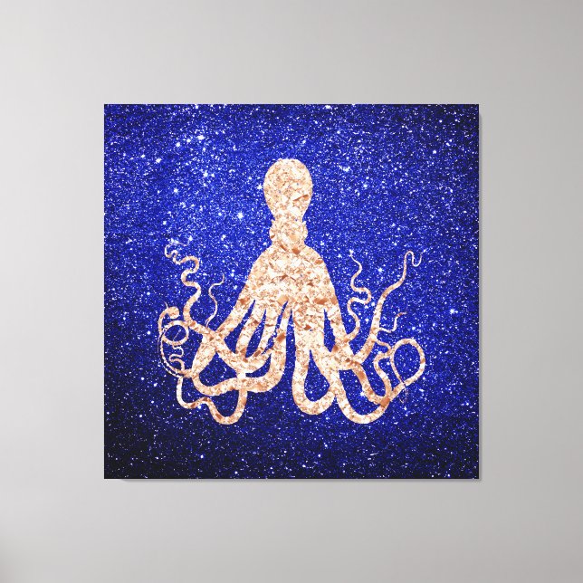 Octopus Sea Oceanen Ro Guld Cobalt Blue Glitter Canvastryck (Framsida)