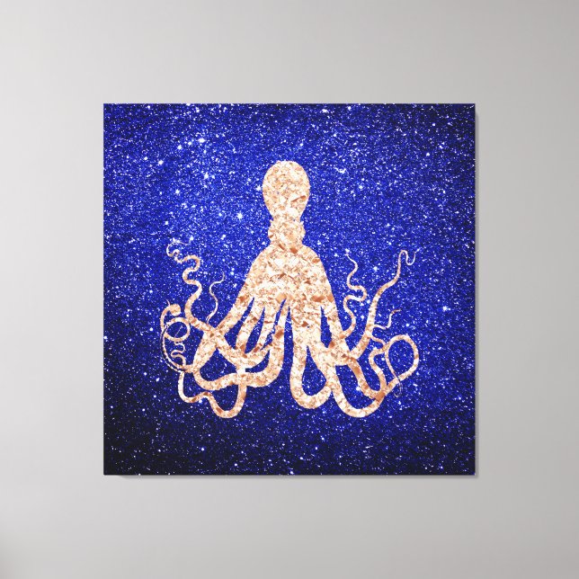 Octopus Sea Oceanen Ro Guld Cobalt Blue Glitter Canvastryck (Framsida)