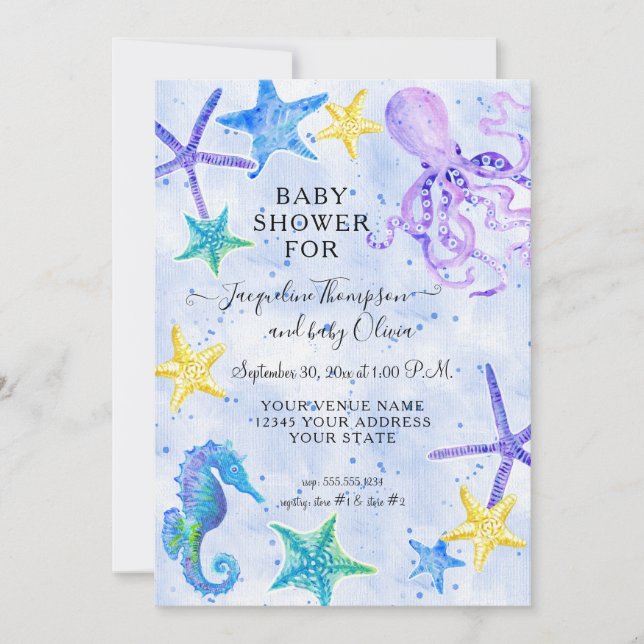 Octopus Seahorse Starfish Beach Blue Baby Shower (Framsida)