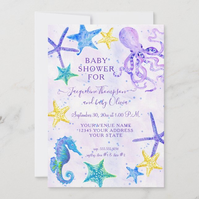 Octopus Seahorse Starfish Beach Lila Baby Shower (Framsida)