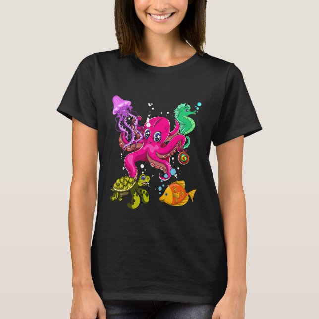 Octopus Seahorse Turtle Jellyfish Squad Cute Anima T Shirt (Framsida)