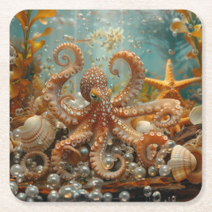 Octopus Seashells Starfish Pearls Ocean Tropical Underlägg Papper Kvadrat