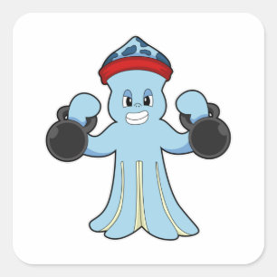Octopus som Bodybuilding med Dumbbells Fyrkantigt Klistermärke