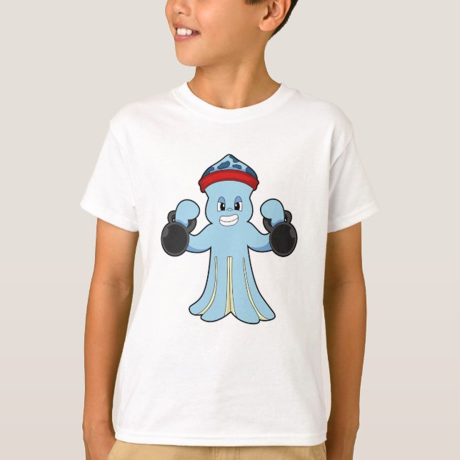Octopus som Bodybuilding med Dumbbells T Shirt (Framsida)