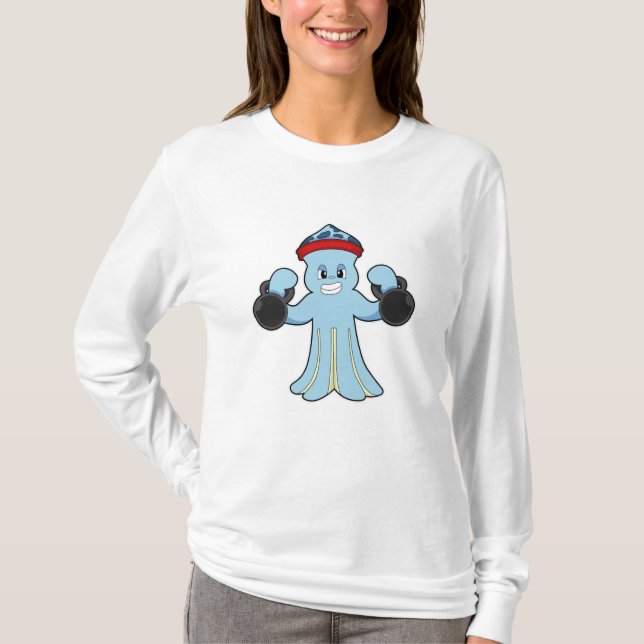 Octopus som Bodybuilding med Dumbbells T Shirt (Framsida)