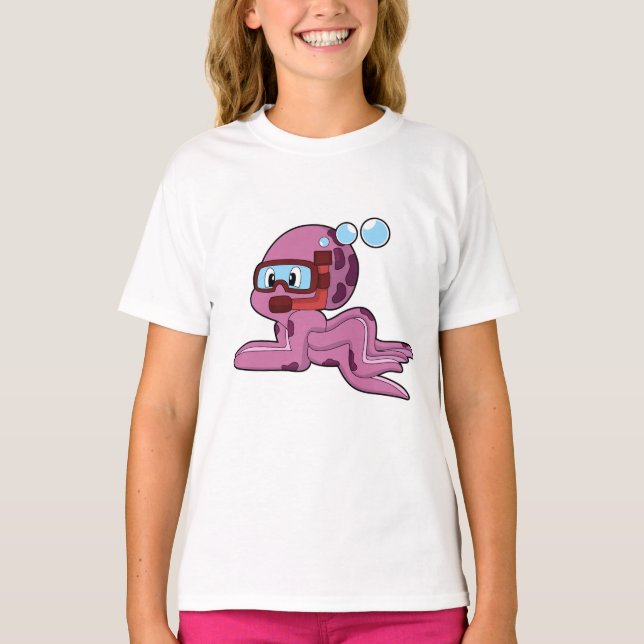Octopus som Diver med Snorkel T Shirt (Framsida)