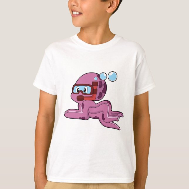 Octopus som Diver med Snorkel T Shirt (Framsida)