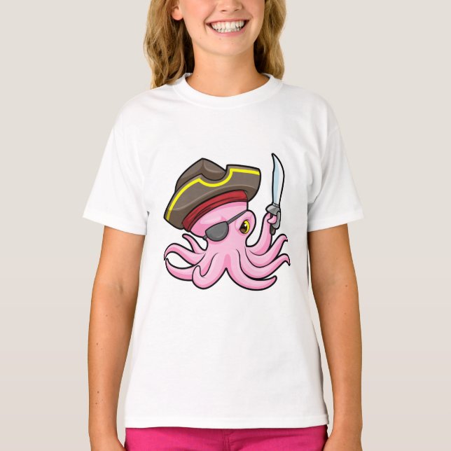 Octopus som Pirat med Saber & Öga plåster T Shirt (Framsida)