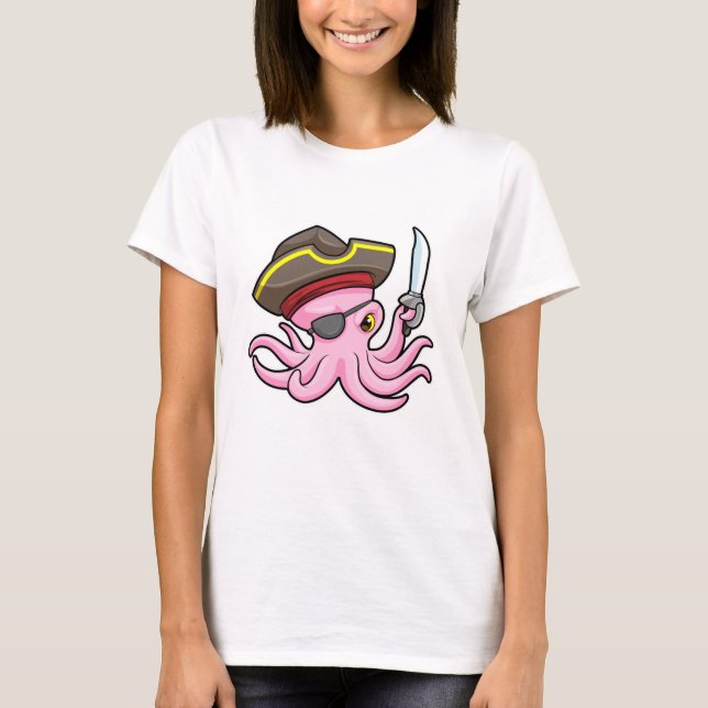 Octopus som Pirat med Saber & Öga plåster T Shirt (Framsida)