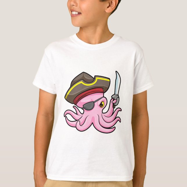 Octopus som Pirat med Saber & Öga plåster T Shirt (Framsida)