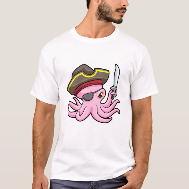 Octopus som Pirat med Saber & Öga plåster T Shirt (Framsida)