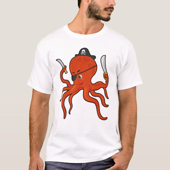 Octopus som Pirat med Sword & Knivar T Shirt (Framsida)