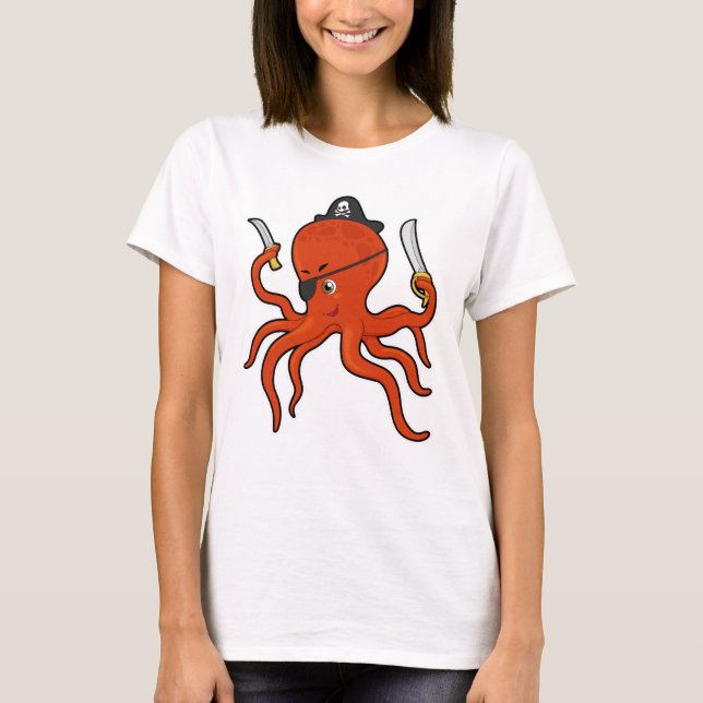 Octopus som Pirat med Sword & Knivar T Shirt (Framsida)