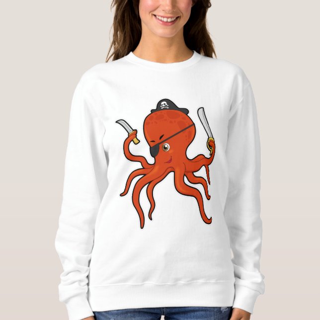 Octopus som Pirat med Sword & Knivar T Shirt (Framsida)
