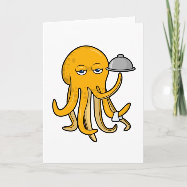 Octopus som Servitör med servhandduk Kort (Framsida)