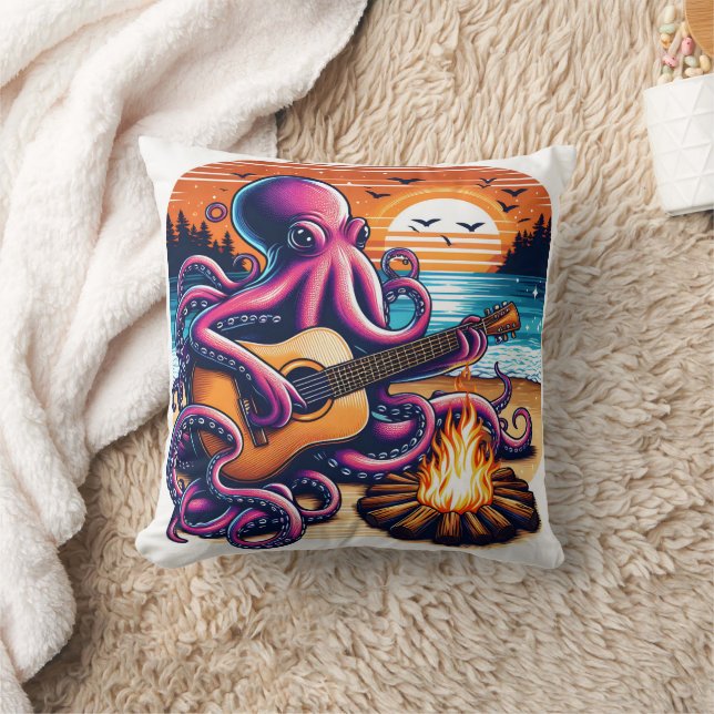 Octopus Spela Guitar av Campfire vid Sunset Kudde (Filt)