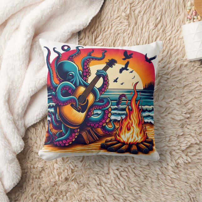 Octopus Spela Guitar av Campfire vid Sunset Kudde (Filt)
