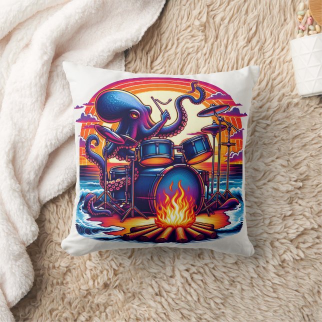 Octopus Spelande drums av en Campfire på Sunset Kudde (Filt)