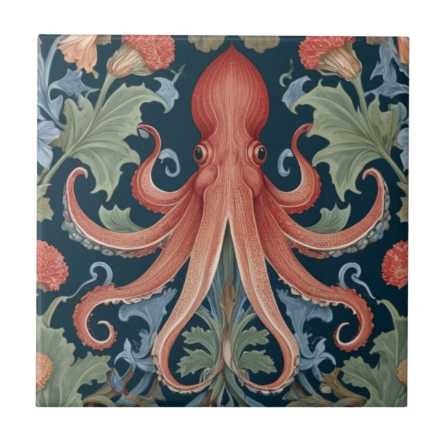 Octopus Squid William Morris stil Sea Ocean Life Kakelplatta (Framsidan)