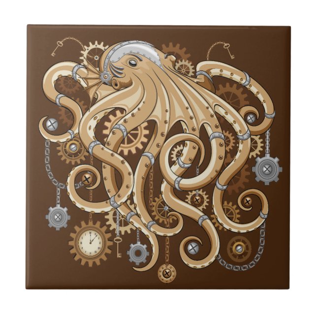 Octopus Steampunk Surreal Retro Stil Maskin Kakelplatta (Framsidan)