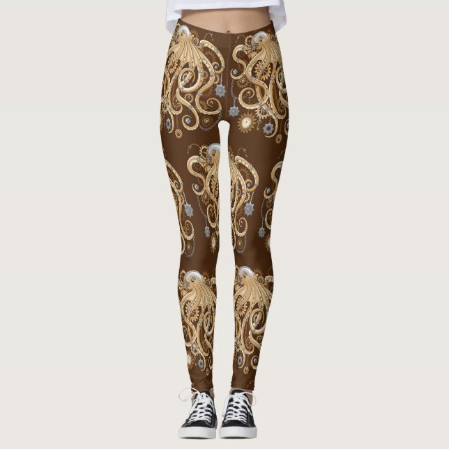 Octopus Steampunk Surreal Retro Stil Maskin Leggings (Framsida)