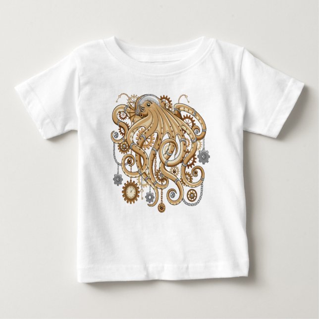 Octopus Steampunk Surreal Retro Stil Maskin T Shirt (Framsida)