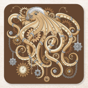 Octopus Steampunk Surreal Retro Stil Maskin Underlägg Papper Kvadrat