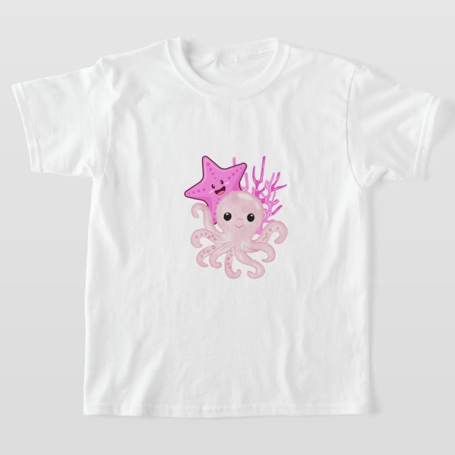 Octopus, stjärnfisk, korallrev i rosa, havskonstru t shirt (Laydown)