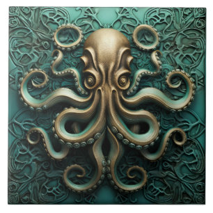 Octopus Teal och Copper Marine Life Aquatic Kakelplatta