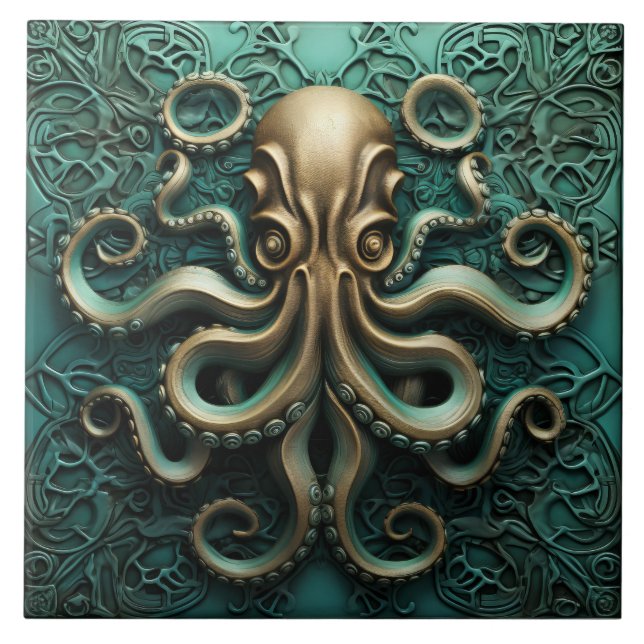 Octopus Teal och Copper Marine Life Aquatic Kakelplatta (Framsidan)