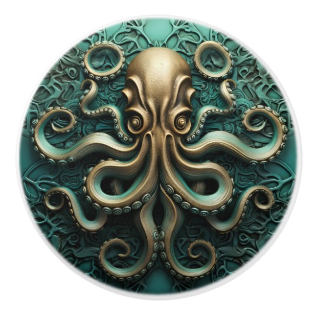 Octopus Teal och Copper Marine Life Aquatic Knopp (Framsidan)