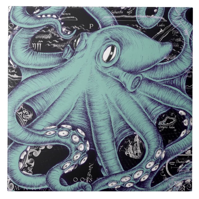 Octopus Teal vintage karta Bläck Kakelplatta (Framsidan)