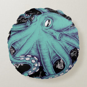 Octopus Teal vintage karta Bläck Rund Kudde