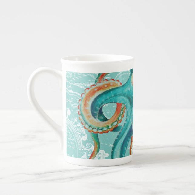 Octopus Teal Vintage Karta Vattenfärg Benporslin Mugg (Vänster)