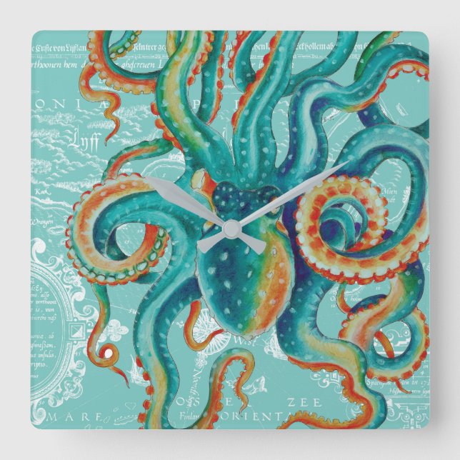 Octopus Teal Vintage Karta Vattenfärg Fyrkantig Klocka (Framsida)