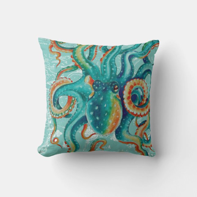 Octopus Teal Vintage Karta Vattenfärg Kudde (Framsida)