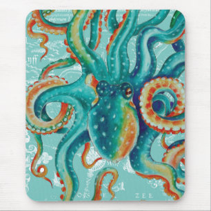 Octopus Teal Vintage Karta Vattenfärg Musmatta