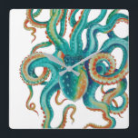 Octopus Teal Watercolor Art Fyrkantig Klocka<br><div class="desc">Konst av bläckfisk</div>
