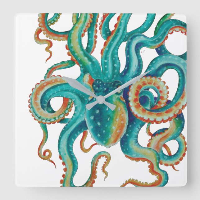 Octopus Teal Watercolor Art Fyrkantig Klocka (Framsida)