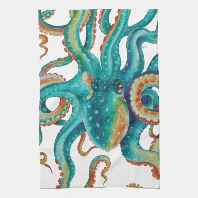Octopus Teal Watercolor Art Kökshandduk (Vertikal)