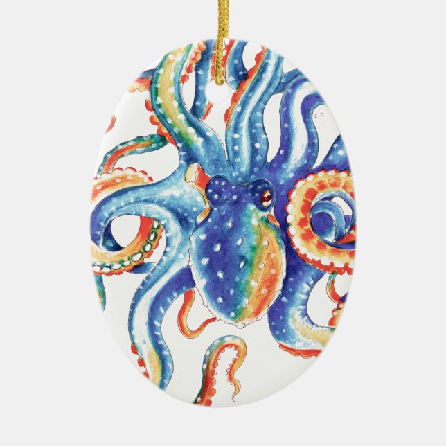 Octopus Tentacles Vattenfärgsfärgad teckning Julgransprydnad Keramik (Framsidan)