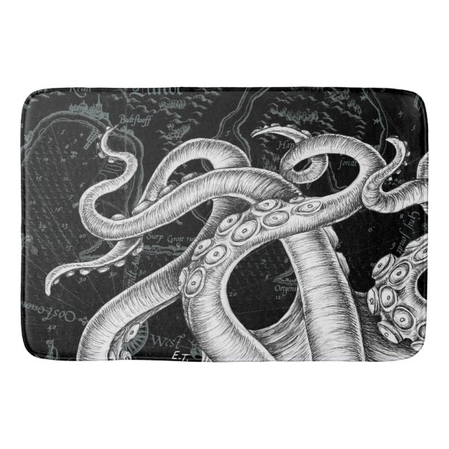 Octopus Tentacles Vintage Karta Black Badrumsmatta (Framsidan)
