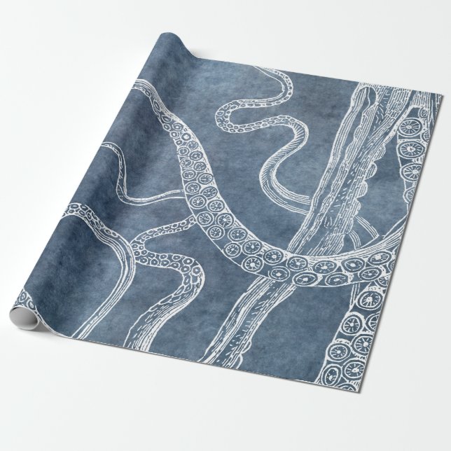 Octopus - Twilight Blue Faded Denim Watercolor Art Presentpapper (Utrullad)